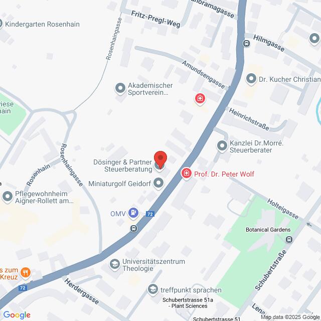meinkarrierestart.at Eine Karte, die die Lage von Miniaturgolf Geidorf und nahegelegenen Geschäften und Straßen in einem städtischen Gebiet zeigt, wobei eine rote Markierung eine bestimmte Adresse anzeigt.