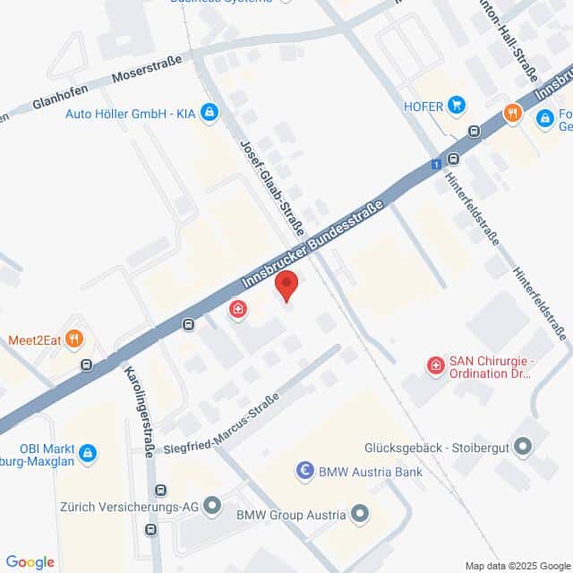 meinkarrierestart.at Eine Kartenansicht der Gegend um die Innsbrucker Bundesstraße in Salzburg, Österreich, mit Hervorhebung der umliegenden Geschäfte und Straßen.