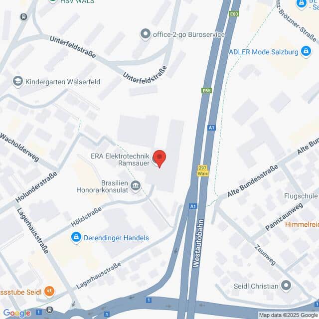 meinkarrierestart.at Die Kartenansicht zeigt einen durch eine rote Stecknadel markierten Standort in der Nähe von ERA Elektrotechnik Ramsauer, nahe der Westautobahn und den umliegenden Straßen in Wals, Österreich.