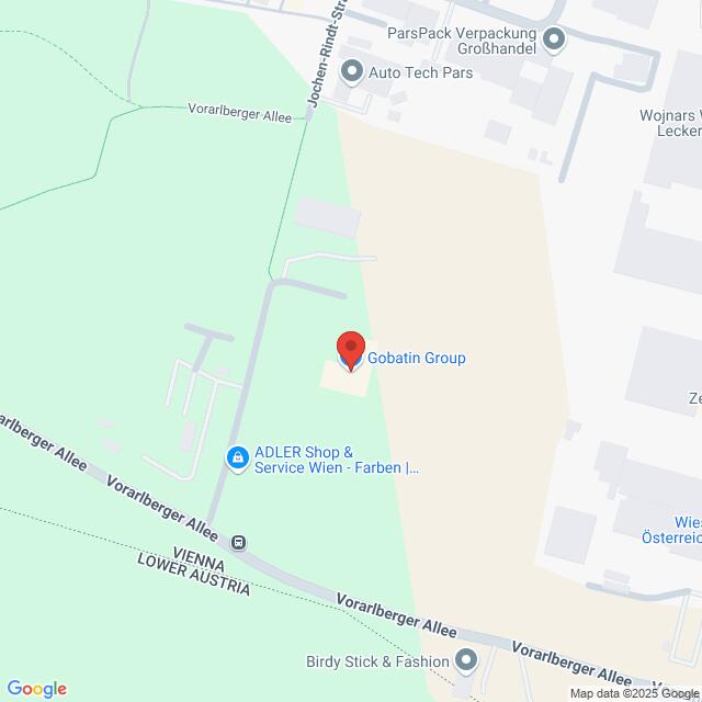 meinkarrierestart.at Eine Karte mit der Lage der Gobatin Gruppe in der Nähe der Vorarlberger Allee in Wien, Österreich, mit Markierung der nahegelegenen Geschäfte und Straßen.