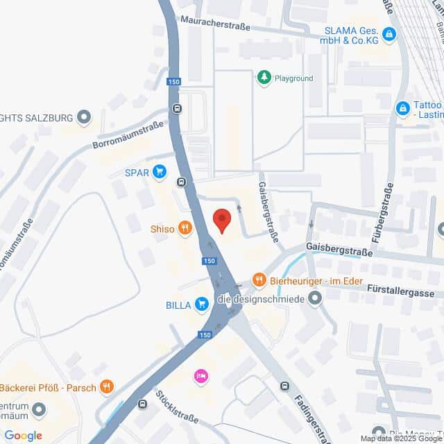 meinkarrierestart.at Eine Karte mit Straßen und Geschäften in Salzburg, Österreich, zentriert auf eine Stecknadel in der Nähe der Gaisbergstraße, mit Wahrzeichen wie SPAR, BILLA und einem Spielplatz.