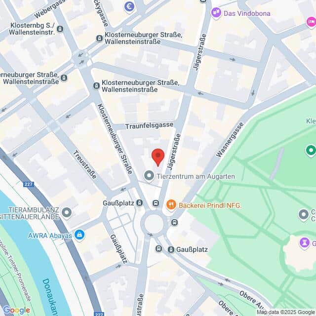 meinkarrierestart.at Die Karte zeigt einen Ausschnitt von Wien, Österreich, zentriert auf das Tierzentrum am Augarten, mit Beschriftung der umliegenden Straßen und Wahrzeichen.