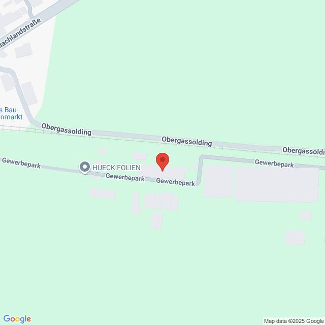 meinkarrierestart.at Eine Karte zeigt den Standort von HUECK FOLIEN im Gewerbepark in der Nähe der Straße Obergassolding. Eine rote Standortmarkierung befindet sich auf der Straße Gewerbepark.