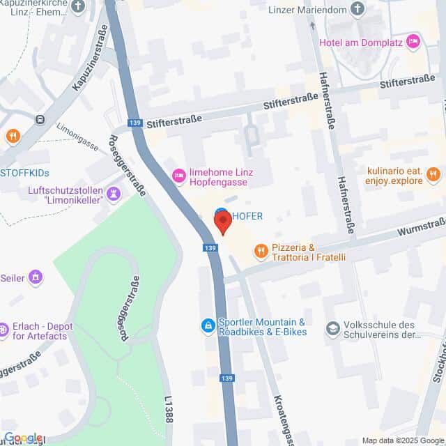 meinkarrierestart.at Kartenansicht der Kreuzung Stifterstraße und Kapuzinerstraße in Linz, Österreich, mit Markierung der umliegenden Geschäfte und Sehenswürdigkeiten.