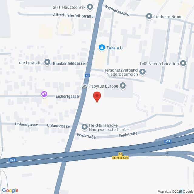 meinkarrierestart.at Karte mit Standort in der Nähe von Eichertgasse und Feldstraße in Österreich, mit Beschriftung der nahe gelegenen Geschäfte und Straßen, einschließlich der Autobahn A21 am unteren Rand.