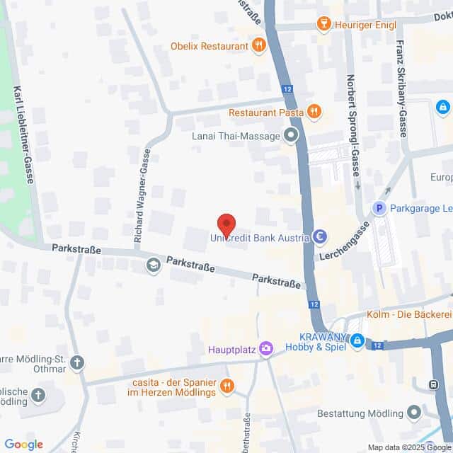 meinkarrierestart.at Karte mit der Lage der Unicredit Bank Austria in der Parkstraße, umgeben von Restaurants, Geschäften und nahe gelegenen Straßen in Mödling, Österreich.