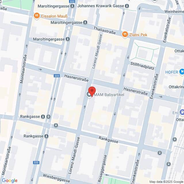 meinkarrierestart.at Karte mit der Lage von MAM Babyartikel an der Kreuzung Hasnerstraße und Lorenz-Mandl-Gasse in Wien, Österreich, mit Markierung der umliegenden Straßen und Sehenswürdigkeiten.