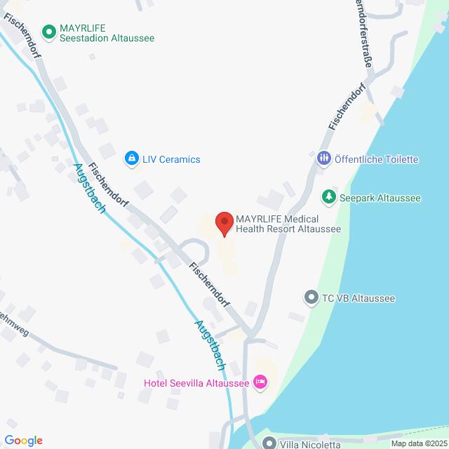 meinkarrierestart.at Karte mit der Lage des MAYRLIFE Medical Health Resort Altaussee in Seenähe, mit Beschriftung der umliegenden Sehenswürdigkeiten und Straßen.