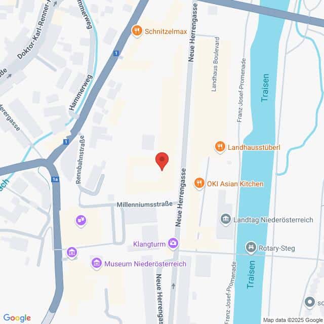 meinkarrierestart.at Karte mit Standort in der Neuen Herrengasse in Sankt Pölten, Österreich, mit nahegelegenen Sehenswürdigkeiten wie Museum Niederösterreich und Landtag Niederösterreich.