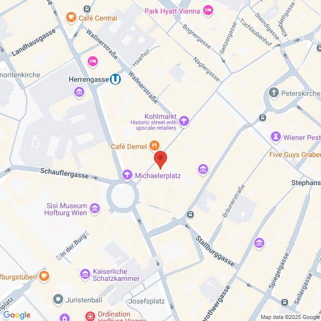 meinkarrierestart.at Eine Karte der Wiener Innenstadt, auf der Sehenswürdigkeiten wie der Kohlmarkt, das Sisi-Museum und der Stephansplatz eingezeichnet sind, sowie Straßen und Cafés in der Nähe.