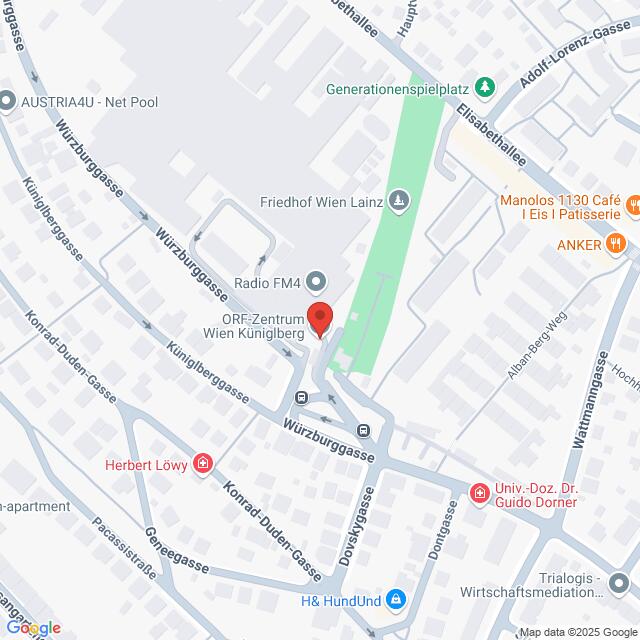meinkarrierestart.at Die Karte zeigt die Lage des ORF-Zentrums Wien Küniglberg in der Würzburggasse in Wien, umgeben von Straßen, Geschäften und Wahrzeichen.