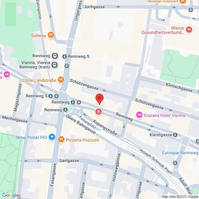 meinkarrierestart.at Karte der Kreuzung Rennweg, Schüttengasse und nahe gelegener Straßen in Wien, Österreich, mit Markierungen für Geschäfte, Hotels und Haltestellen öffentlicher Verkehrsmittel.