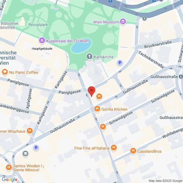 meinkarrierestart.at Eine digitale Karte mit Straßen und Orten in der Nähe der Karlskirche in Wien, Österreich, mit verschiedenen Restaurants und Sehenswürdigkeiten.