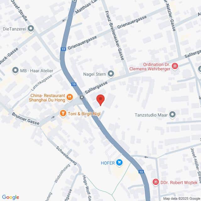 meinkarrierestart.at Ein Stadtplan mit beschrifteten Straßen, verschiedenen Geschäften, Restaurants und einem Supermarkt, der durch Symbole entlang der Salittergasse gekennzeichnet ist.
