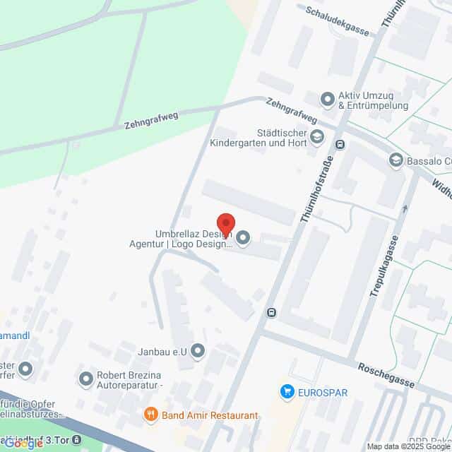 meinkarrierestart.at Die Karte zeigt die Lage von Umbrellaz Design Agentur | Logo Design in der Nähe von Zehngrafweg und Thurnhoferstraße in einem Gewerbegebiet mit nahegelegenen Geschäften und Wahrzeichen.