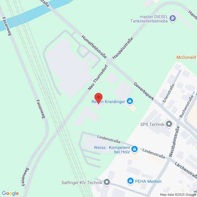 meinkarrierestart.at Die Karte zeigt die Lage von Reifen Kneidinger in der Handelsstraße in einem Industriegebiet in der Nähe von Fasangweg und Neu Thurnsdorf in Österreich. Nahegelegene Wahrzeichen sind SPS Technik und PEHA Medien.