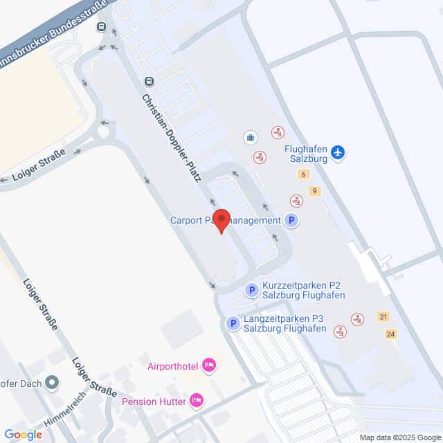 meinkarrierestart.at Karte mit der Lage von Carport Parkmanagement in der Nähe des Flughafens Salzburg, mit den nahegelegenen Parkplätzen P2 und P3 sowie den angrenzenden Straßen.