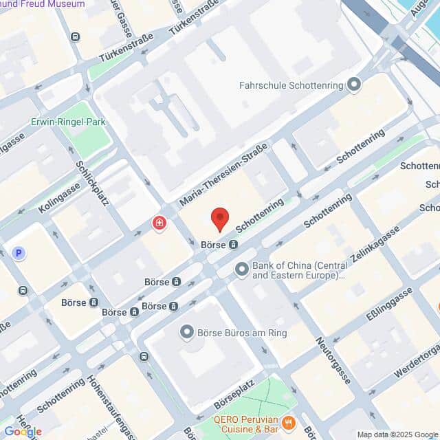 meinkarrierestart.at Karte der Umgebung der Börse in Wien, Österreich, mit Hervorhebung der nahegelegenen Straßen wie Schottenring, Schottengasse und Kolingasse.