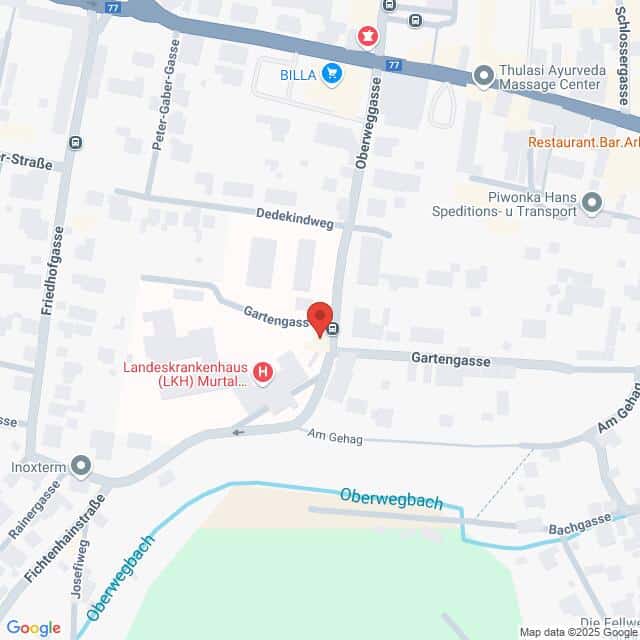 meinkarrierestart.at Eine Karte der Kreuzung Gartengasse und Oberweg in Murtal, Österreich, mit nahe gelegenen Sehenswürdigkeiten wie einem Krankenhaus, Restaurants und Geschäften.