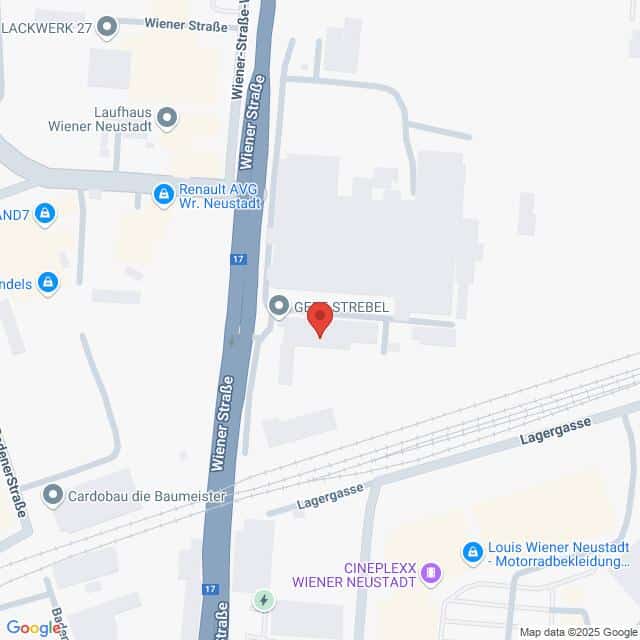 meinkarrierestart.at Die Karte zeigt einen Standort in der Gertrud-Strebel-Straße in der Nähe der Wiener Straße und der Lagergasse in Wiener Neustadt, Österreich, in der Nähe des Cineplexx Wiener Neustadt.