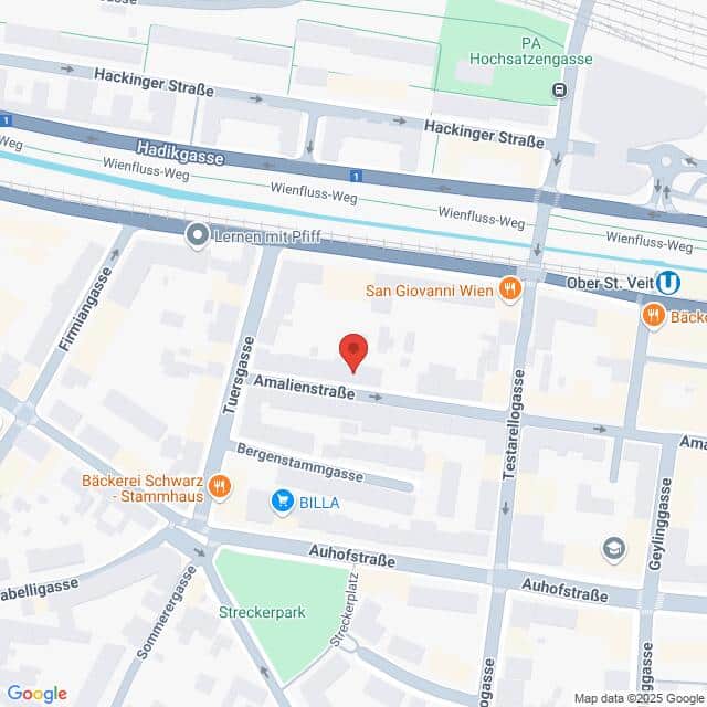 meinkarrierestart.at Karte mit der Lage der Amalienstraße in Wien, Österreich, mit Beschriftung der umliegenden Straßen, Geschäfte und Sehenswürdigkeiten. Eine rote Markierung kennzeichnet die Adresse in der Amalienstraße.