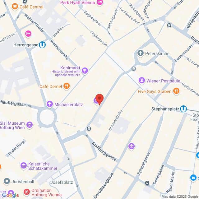meinkarrierestart.at Eine Karte der Wiener Innenstadt, Österreich, mit Sehenswürdigkeiten wie Café Demel, Michaelaplatz, Stephansplatz und Five Guys Graz. Eine rote Stecknadel ist in der Nähe des Kohlmarkts markiert.