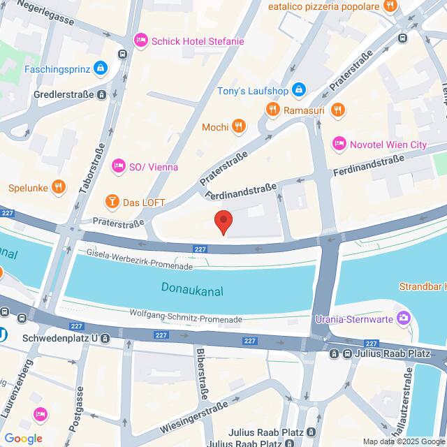 meinkarrierestart.at Eine Karte mit Straßen und Sehenswürdigkeiten in der Nähe des Donaukanals in Wien, auf der mehrere Geschäfte, Hotels und Promenaden eingezeichnet sind.