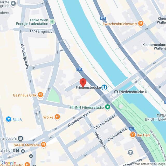 meinkarrierestart.at Karte der Gegend um die Friedensbrücke in Wien, Österreich, mit Straßen, Geschäften in der Nähe und dem angrenzenden Kanal.