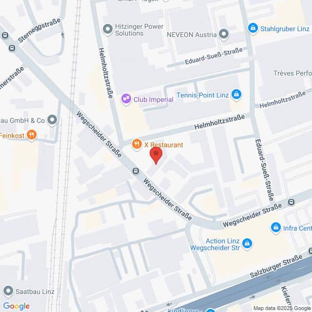 meinkarrierestart.at Karte der Kreuzung Wegscheider Straße und Helmholtzstraße in Linz, Österreich, mit eingezeichneten lokalen Geschäften und Sehenswürdigkeiten.