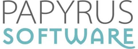 meinkarrierestart.at Logo mit dem Schriftzug "PAPYRUS SOFTWARE"; "PAPYRUS" ist in Grau und "SOFTWARE" in Hellblau mit stilisierten Buchstaben.
