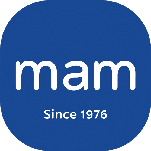 meinkarrierestart.at Blaues, quadratisches Logo mit abgerundeten Ecken, darunter der weiße Text "mam" und "Since 1976".