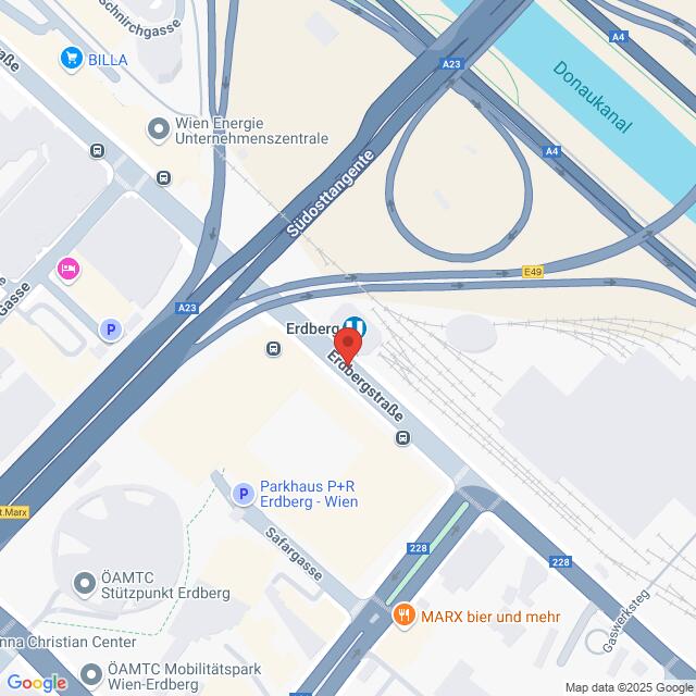 meinkarrierestart.at Karte der Gegend um die Erdbergstraße in Wien, Österreich, mit Hervorhebung der U-Bahn-Station Erdberg und nahe gelegener Straßen und Sehenswürdigkeiten.