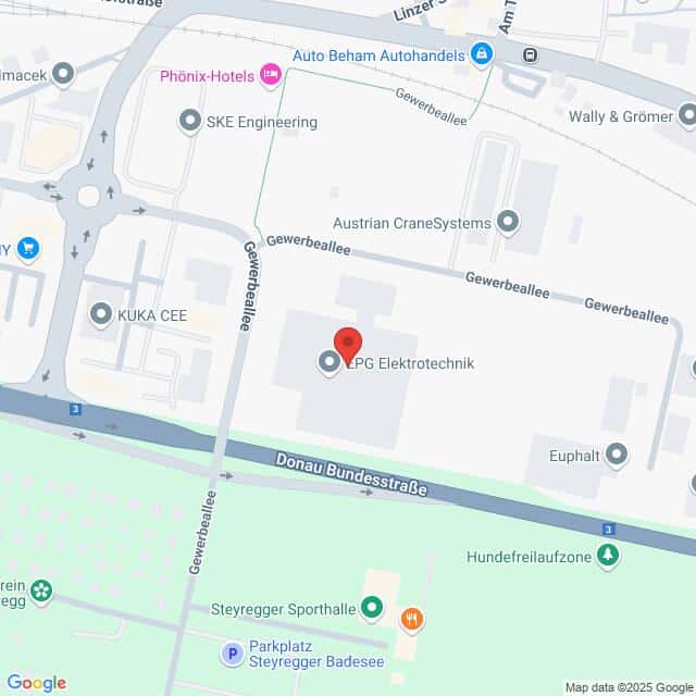 meinkarrierestart.at Karte mit der Lage von JPG Elektrotechnik in der Gewerbeallee nahe der Donau Bundesstraße in Steyregg, Österreich, mit Markierung der nahegelegenen Unternehmen und Sehenswürdigkeiten.