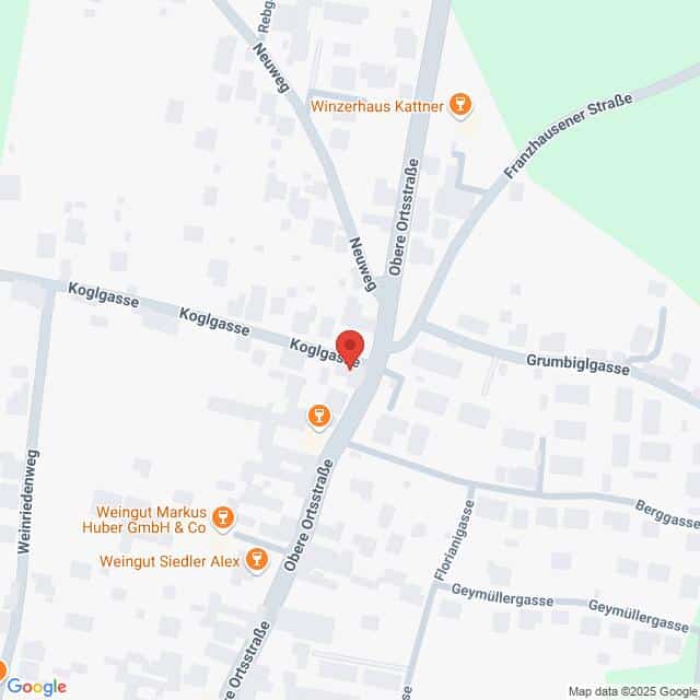 meinkarrierestart.at Die Karte zeigt die Kreuzung der Koglgasse mit der Oberen Ortsstraße in einem Wohngebiet, mit Beschriftung der umliegenden Geschäfte und Straßen.