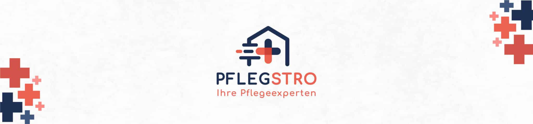meinkarrierestart.at Logo für "PFLEGSTRO Ihre Pflegeexperten" mit einem Haus mit Ärztekreuz und rot-blauen geometrischen Kreuzmustern in den Ecken auf weißem Hintergrund.