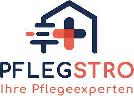 meinkarrierestart.at Logo mit einem stilisierten Haus, einem medizinischen Kreuz und drei Linien. Der Text lautet "PFLEGSTRO Ihre Pflegeexperten" in Blau und Orange.
