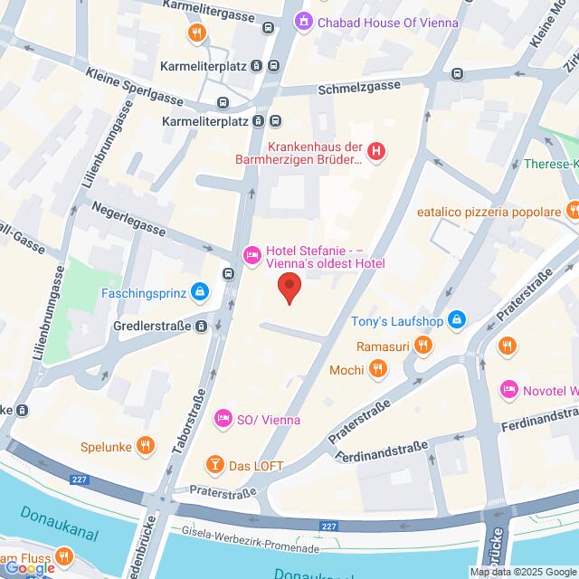 meinkarrierestart.at Ein digitaler Stadtplan eines Teils von Wien, Österreich, der das Hotel Stefanie sowie nahe gelegene Straßen, Geschäfte und Sehenswürdigkeiten hervorhebt.