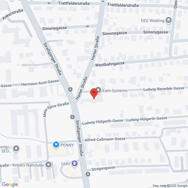 meinkarrierestart.at Eine Karte zeigt den Standort von Eam Systems in der Ludwig-Benedek-Gasse, die sich mit der Häferlgasse kreuzt, und in der Nähe der Strassergasse, in einem Wohngebiet.