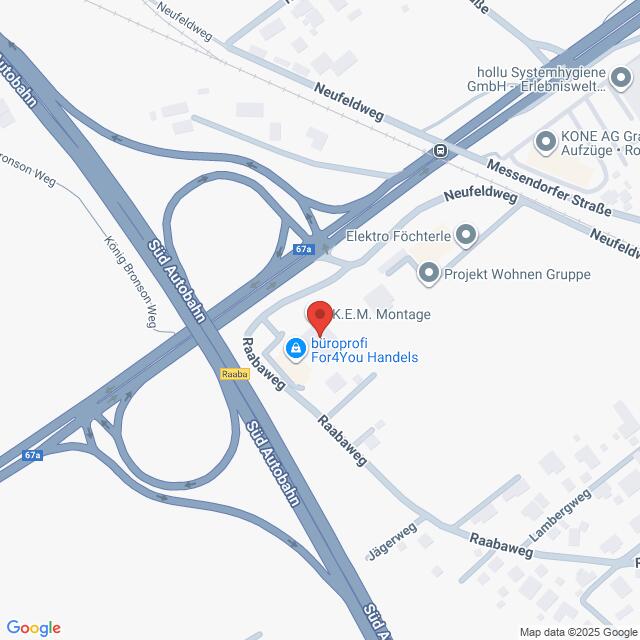 meinkarrierestart.at Karte mit der Lage von K.E.M. Montage in der Nähe der Kreuzung Südautobahn und Raabaweg, mit Kennzeichnung der umliegenden Geschäfte und Straßen.