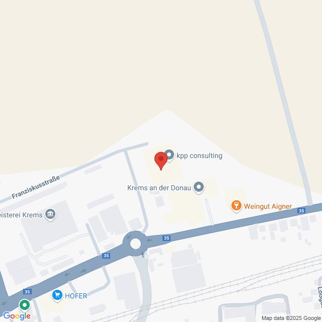meinkarrierestart.at Karte mit der Lage von kpp consulting in Krems an der Donau, Österreich, in der Nähe der Franziskusstraße und der Route 35, mit Markierung der umliegenden Unternehmen.