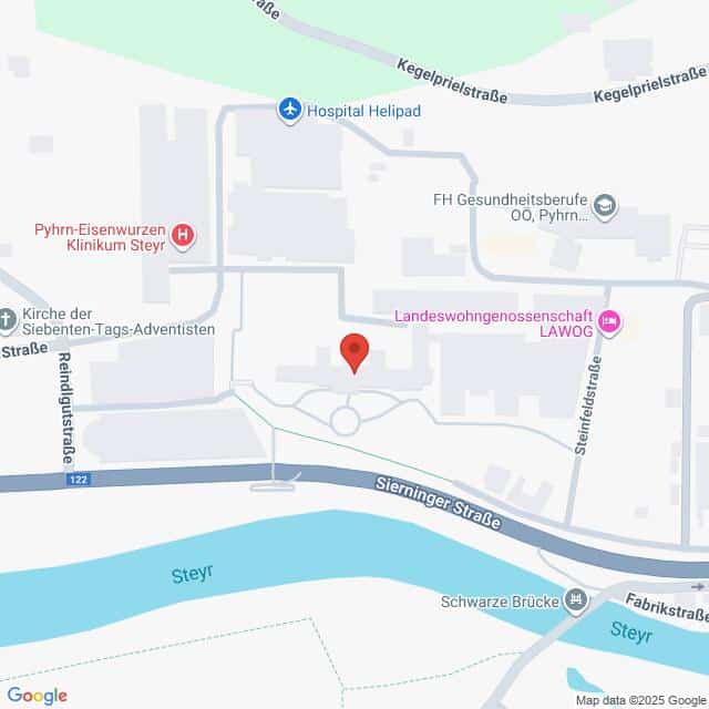 meinkarrierestart.at Karte mit der Lage der Landeswohngenossenschaft LAWOG in der Nähe der Sierninger Straße und des Flusses Steyr, mit nahe gelegenen Sehenswürdigkeiten wie einem Krankenhaus und einer Kirche.
