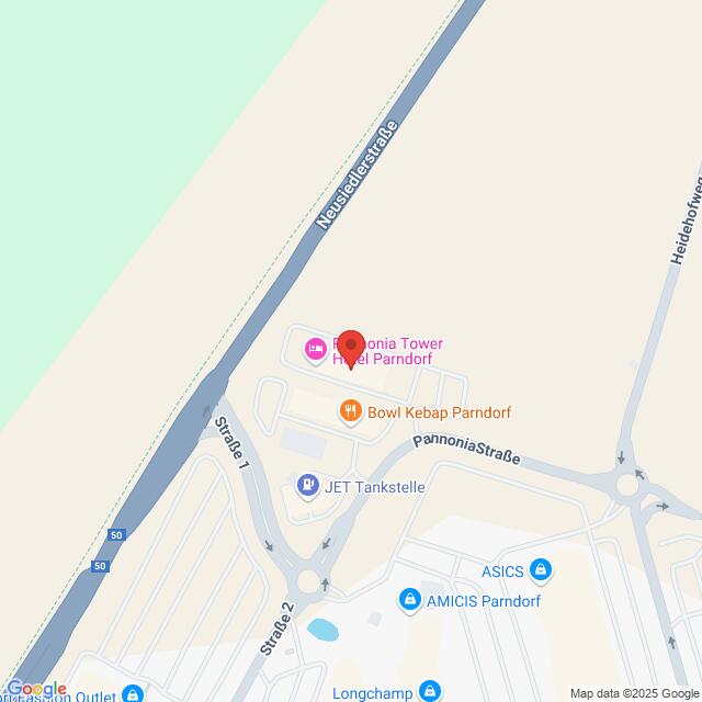 meinkarrierestart.at Karte mit der Lage des Pannonia Tower Hotel Parndorf in der Nähe der Neusiedlerstraße, mit nahegelegenen Unternehmen wie JET Tankstelle und ASICS Parndorf.