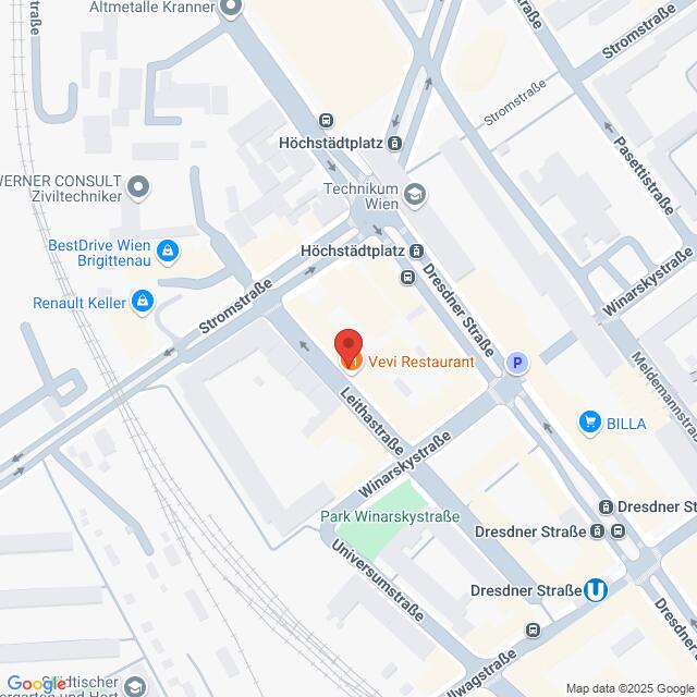meinkarrierestart.at Karte mit der Lage des Restaurants Vevi an der Kreuzung Stromstraße/Leithastraße in Wien, Österreich, mit Beschriftung der umliegenden Straßen und Sehenswürdigkeiten.