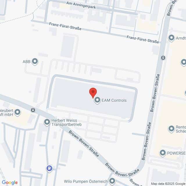 meinkarrierestart.at Karte mit der Lage von EAM Controls in der Brown-Boveri-Straße, mit Kennzeichnung der umliegenden Geschäfte und Straßen.