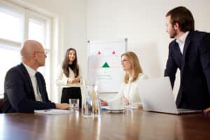meinkarrierestart.at Vier Personen in Geschäftskleidung treffen sich an einem Tisch, wobei eine Frau vor einem Flipchart mit einem bunten Diagramm steht.