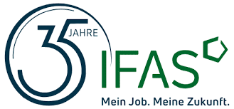 meinkarrierestart.at IFAS 35 Jahre Logo mit grüner und blauer Schrift und einem sechseckigen Symbol, begleitet von dem Slogan "Mein Job. Meine Zukunft.
