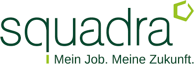 meinkarrierestart.at Squadra-Logo mit dem Slogan "Mein Job. Meine Zukunft." auf Deutsch, begleitet von einer grünen geometrischen Form in der oberen rechten Ecke.