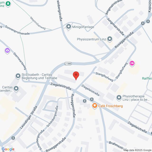 meinkarrierestart.at Karte der Kreuzung Ziegelgasse, Stanglhofweg und Rosseggerstraße in Linz, Österreich, mit nahegelegenen Sehenswürdigkeiten wie Café Froschberg und St. Elisabeth Caritas.