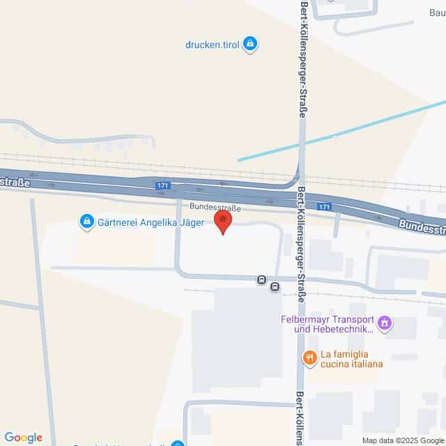 meinkarrierestart.at Karte mit der Lage der Gärtnerei Angelika Jäger an der Bundesstraße in der Nähe der Bert-Köllensperger-Straße, mit Beschriftung der umliegenden Geschäfte und Straßen.