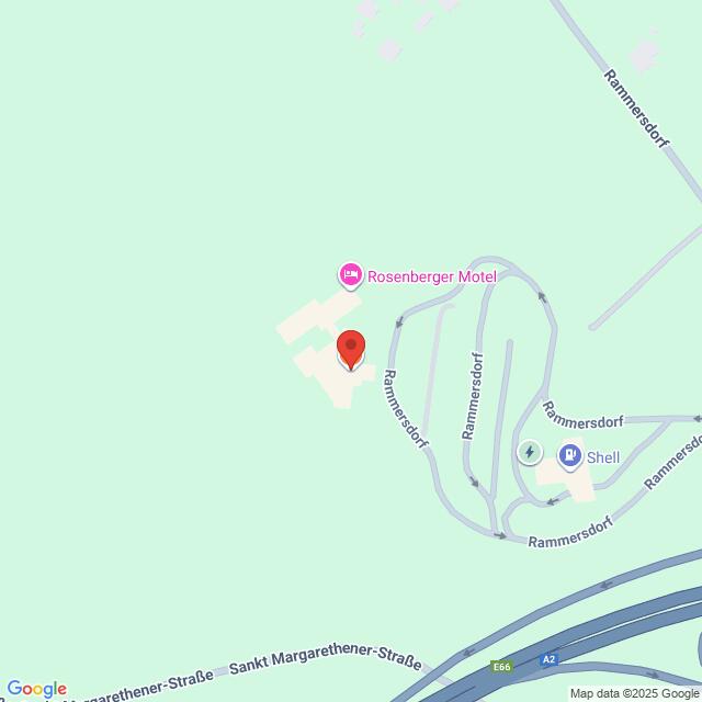 meinkarrierestart.at Karte mit der Lage des Rosenberger Motels in der Nähe von Rammesdorf, mit Markierung der nahe gelegenen Straßen und einer Shell-Tankstelle.